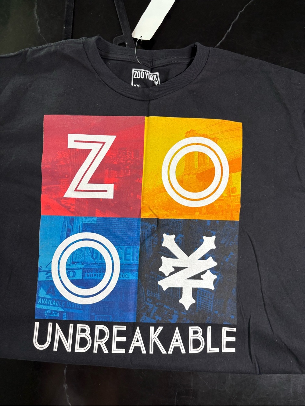 Zoo York Black Graphic Tee with Red, Yellow & Blue Blocks